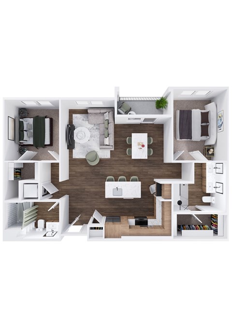 A top-down view of a small apartment with a kitchen, living room, and bathroom.